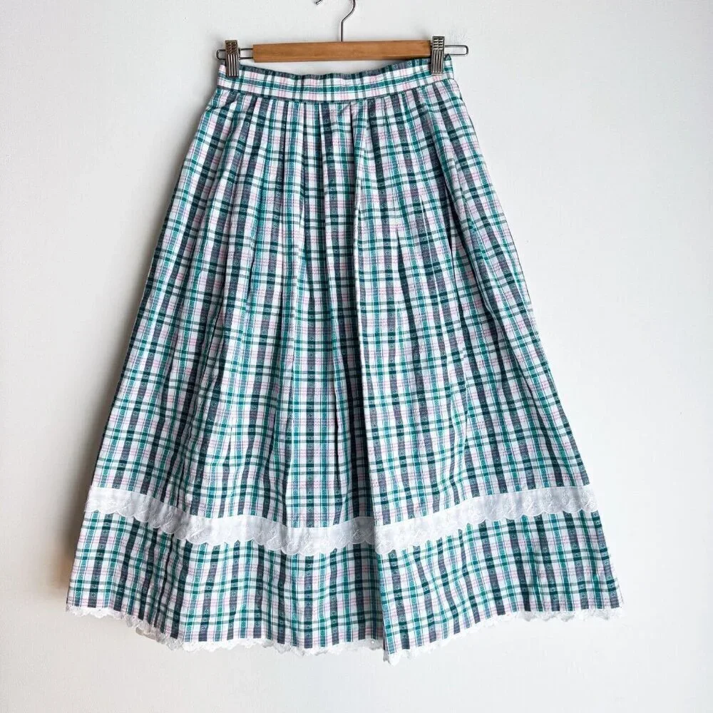 Vintage Check Print Green White Picnic Table Motif Midi Skirt S